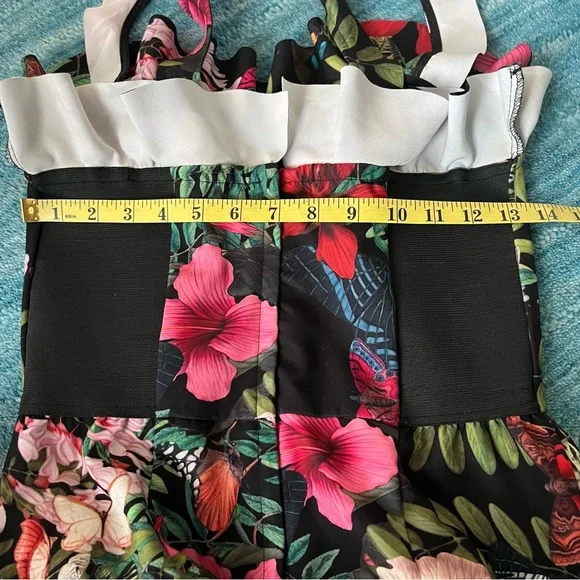 H&M Jumpsuit Romper Floral ruffle sleeve black red pink stretch size 8/38 - Picture 7 of 12